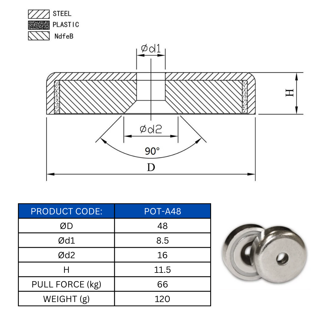 Counter Sunk Pot Magnets - A16 - Od16mm x Id3.5mm x 5mm-A20 - Od20mm x Id4.5mm x 7mm-A25 - Od25mm x Id5.5mm x 8mm-A32 - Od32mm x Id5.5mm x 8mm-A36 - Od36mm x Id6.5mm x 8mm-A42 - Id42mm x Id6.5mm x 9mm-A48 - Id48mm Idx 8.5mm x 11.5mm-A60 - Id60mm x Id8.5mm x 15mm-A75 - Od75mm x Id10.5mm x 18mm